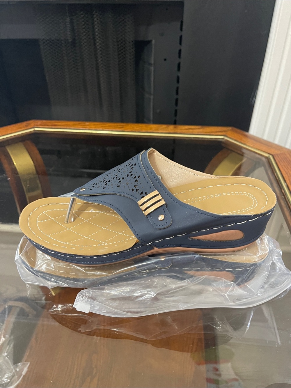 Navy Blue Wedge Thong Sandals